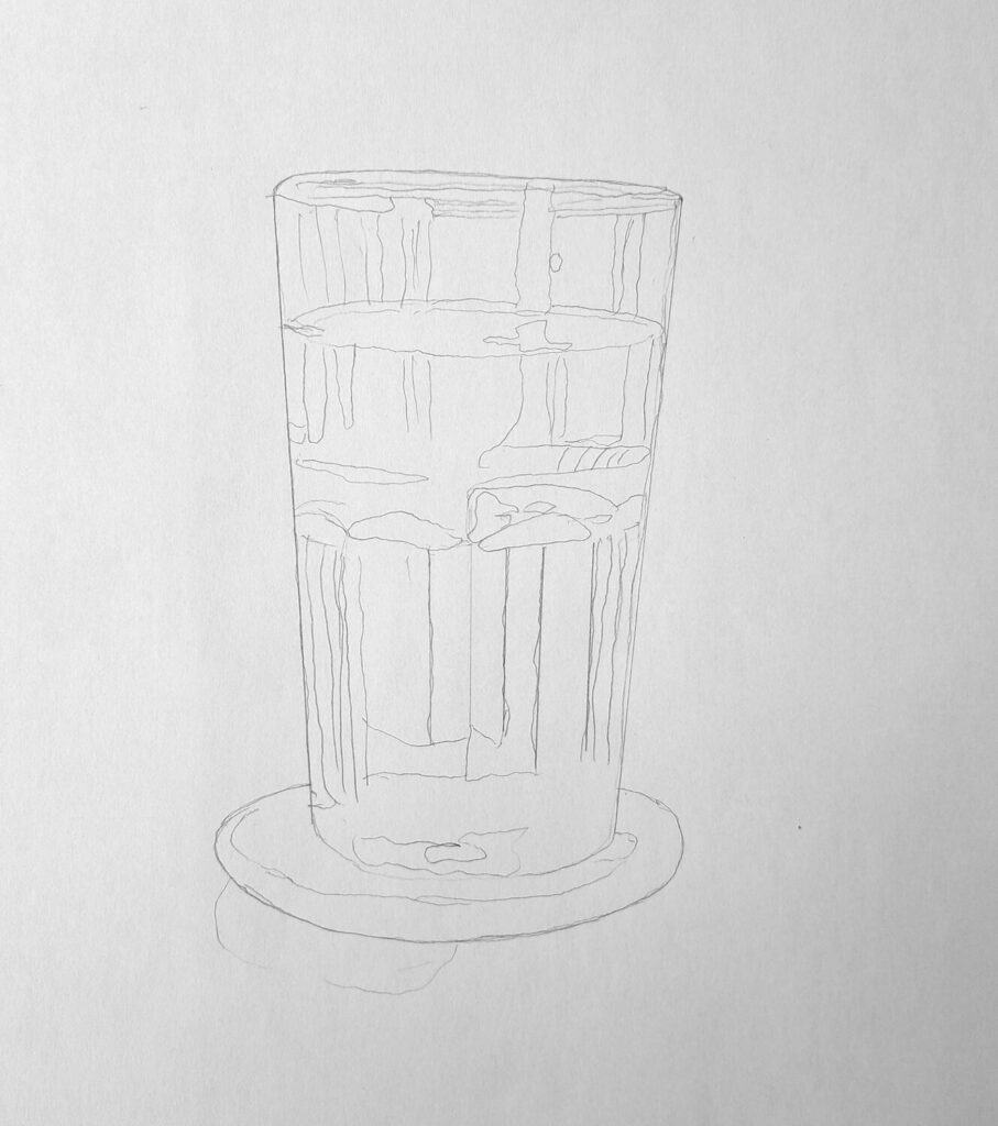 Sketch the glass and the saucer including visible details