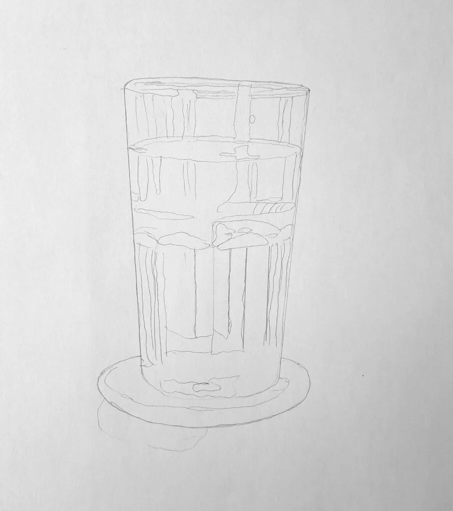 Sketch the glass and the saucer including visible details