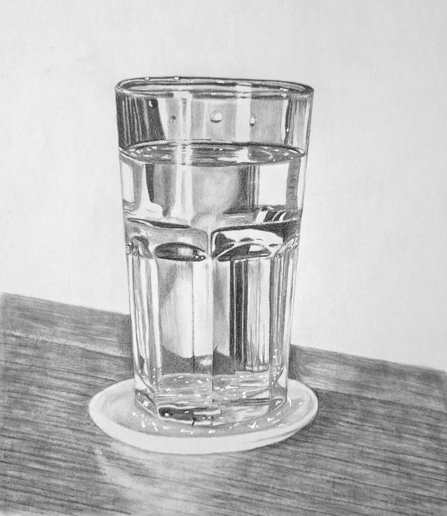Draw a photorealistic glass of water - ,Finalize the drawing with smooth transitions, highlights and shading the table surface
