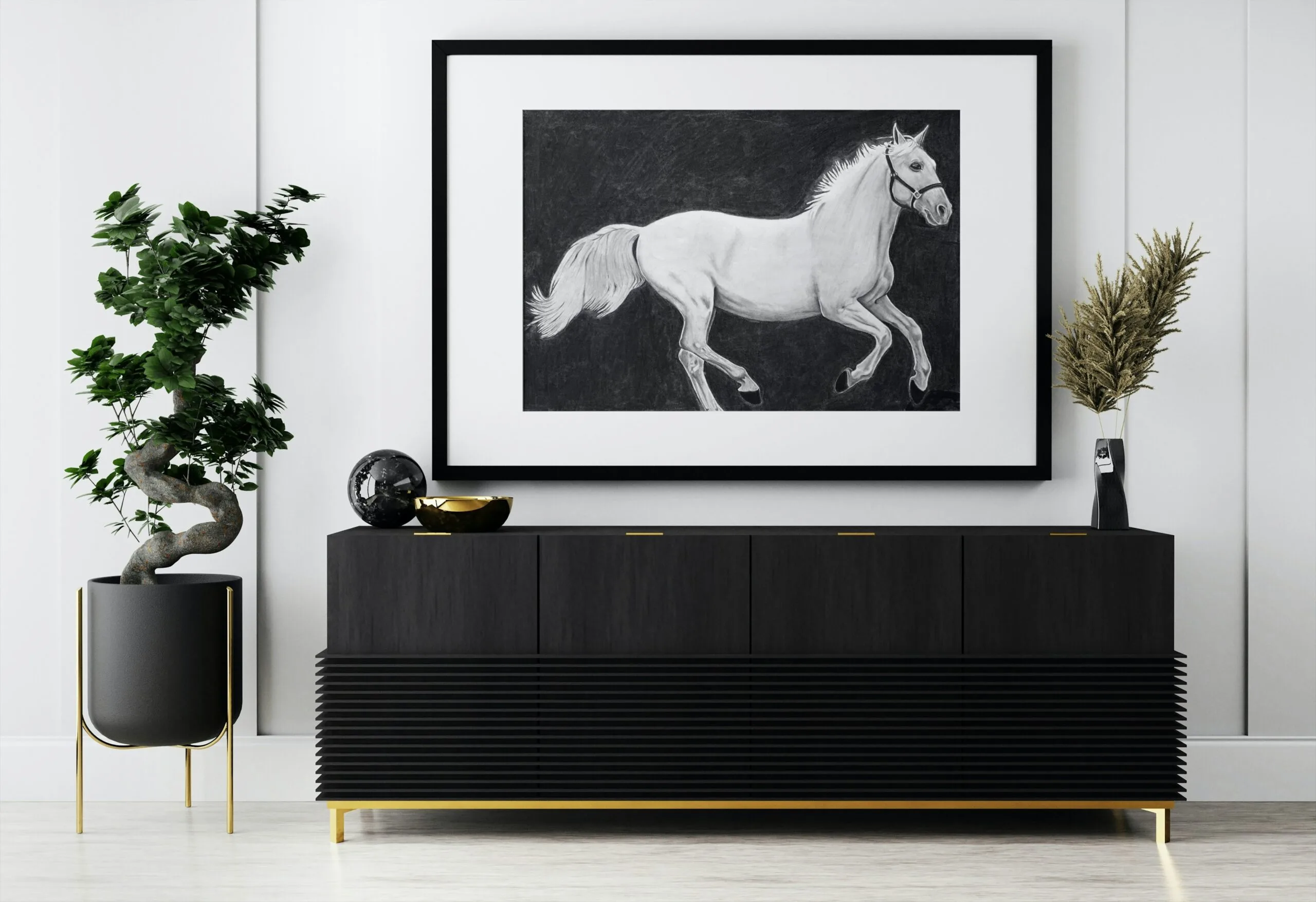 Realistic Pencil and Charcoal Horse Portrait – Monochrome Printable Wall Art